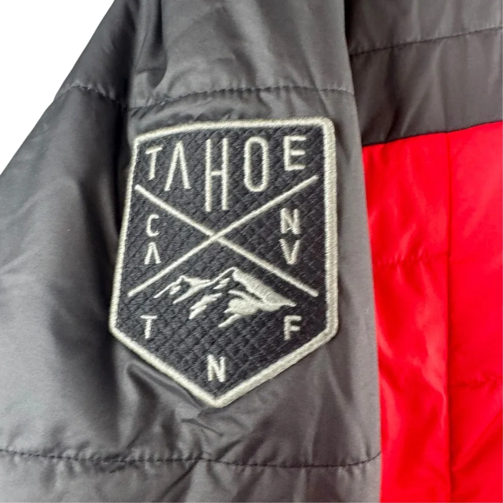 The North Face Mens Jester Bomber Jacket Red Black Quilted Tahoe Patch Large